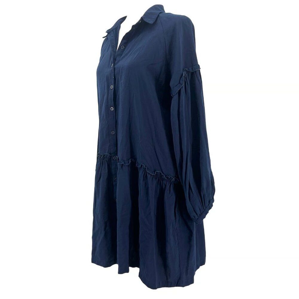 Free People Women's Oversized Navy Collared Shirt dress Drop Waist Ruffle mini S